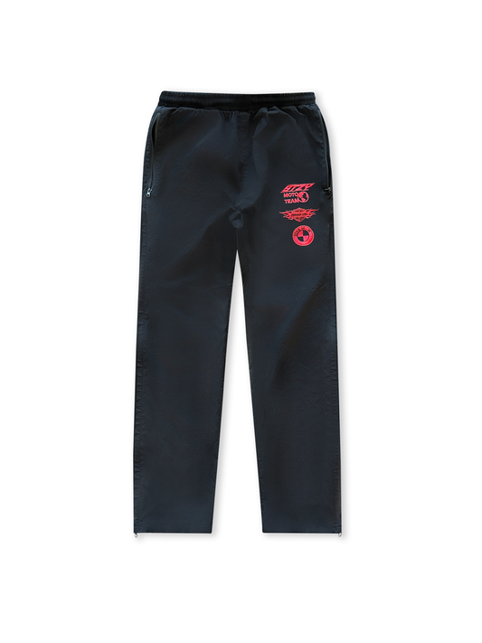 Black track pants w/ red stee logos