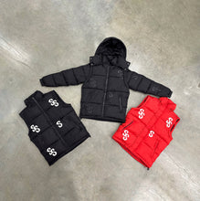 Load image into Gallery viewer, Red Puffer Jacket w/ White Logos

